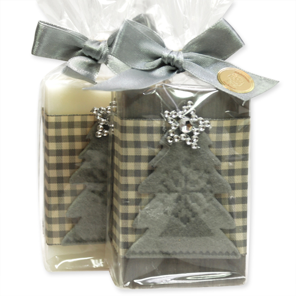 Sheep milk soap 150g decorated with a christmas tree in a cellophane, Classic/christmas rose silver 