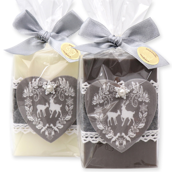 Sheep milk soap 150g decorated with a deer in a cellophane, Classic/christmas rose silver 