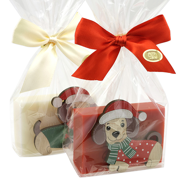 Sheep milk soap 150g decorated with a dog in a cellophane, Classic/pomegranate 