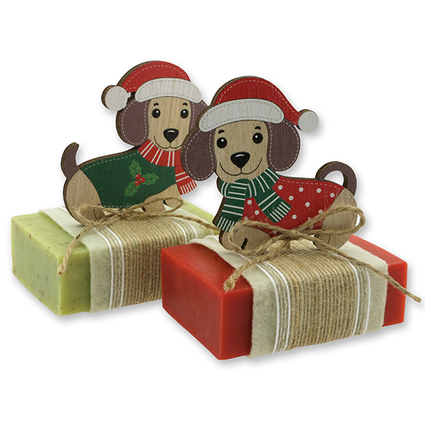 Sheep milk soap 150g decorated with a dog in a cellophane, Verbena/Pomegranate 