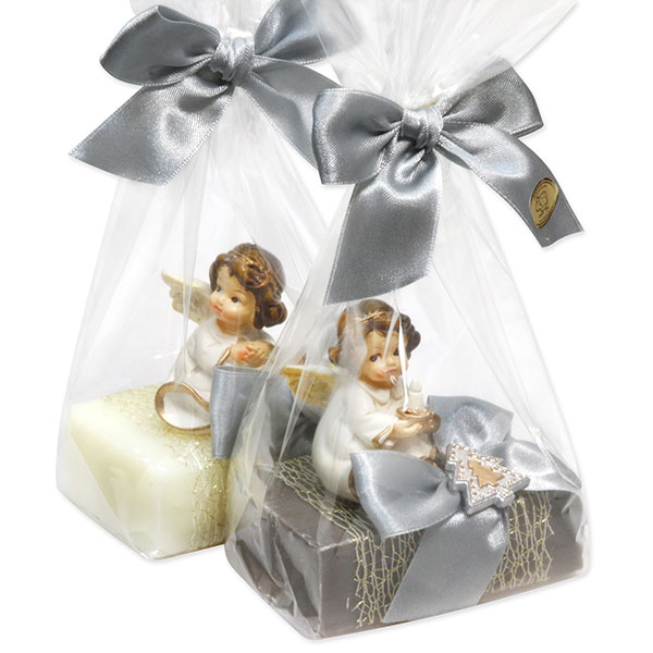 Sheep milk soap 150g decorated with an angel in a cellophane, Classic/christmas rose silver 