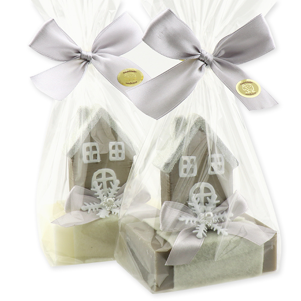 Sheep milk soap 150g decorated with a house in a cellophane, Classic/christmas rose silver 