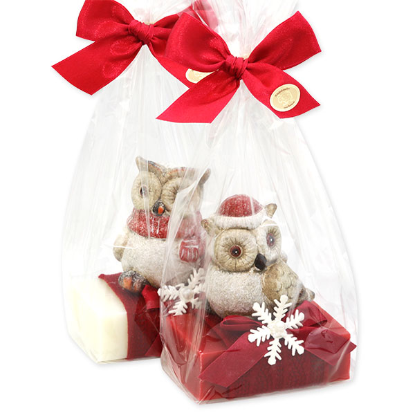 Sheep milk soap 150g decorated with an owl in a cellophane, Classic/pomegranate 