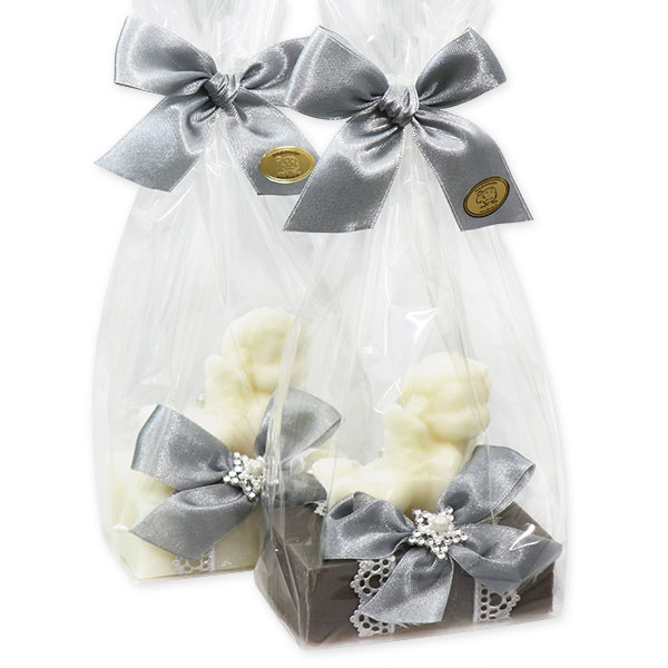 Sheep milk soap 150g decorated with a soap angel 50g in a cellophane, Classic/christmas rose silver 