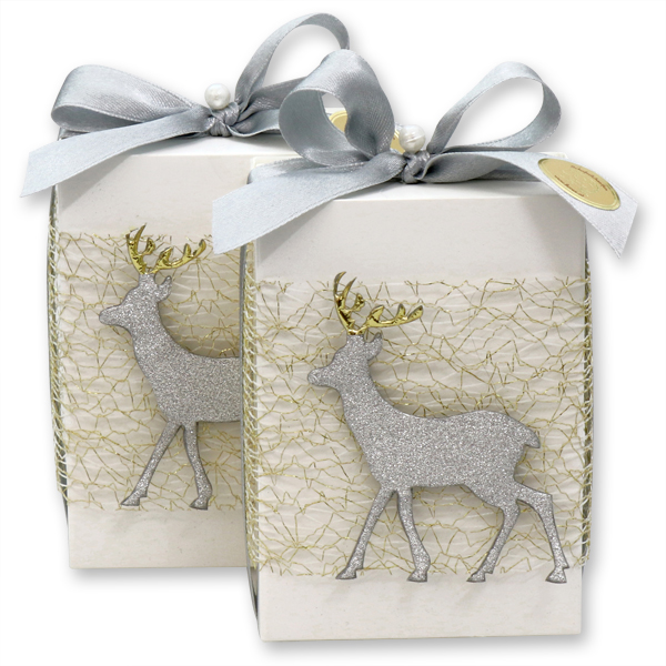 Sheep milk soap 150g, packed in a box decorated with a deer, Classic/Christmas rose silver 