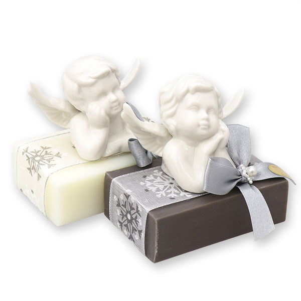 Sheep milk soap 150g, decorated with an angel, Classic/christmas rose silver 