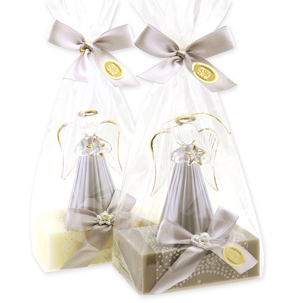 Sheep milk soap 150g decorated with an angel in a cellophane, Classic/christmas rose silver 