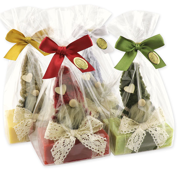 Schafmilchseife eckig 150g dekoriert mit Wichtel in Cello, sortiert 