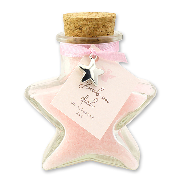 Bath salt 160g in a star shaped glass jar "Glaub an dich...", Peony 