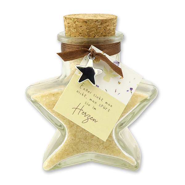 Bath salt 160g in a star shaped glass jar "Engel sieht man nicht,...", Swiss pine 