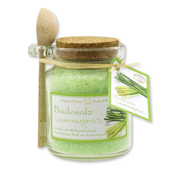 Bath salt 300g in a glass jar with a wooden spoon, lemongras 