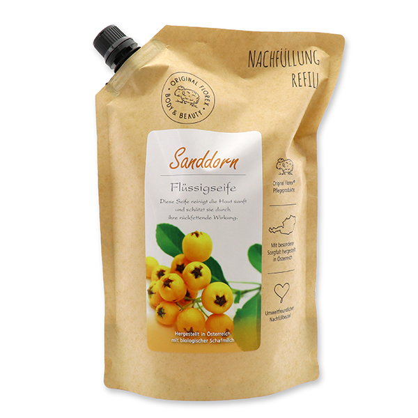 Liquid sheep milk soap 1L in a refill-bag, Sea buckthorn 