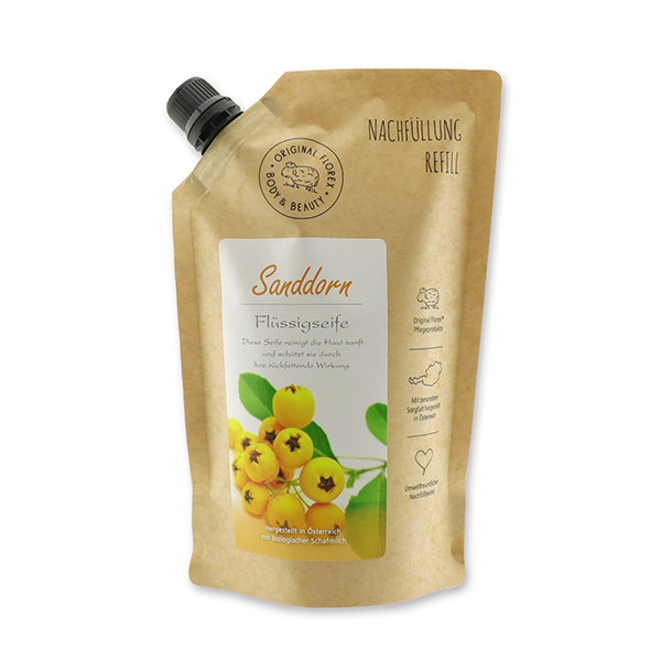 Flüssigseife mit biologischer Schafmilch 500ml im Nachfüll-Beutel, Sanddorn 