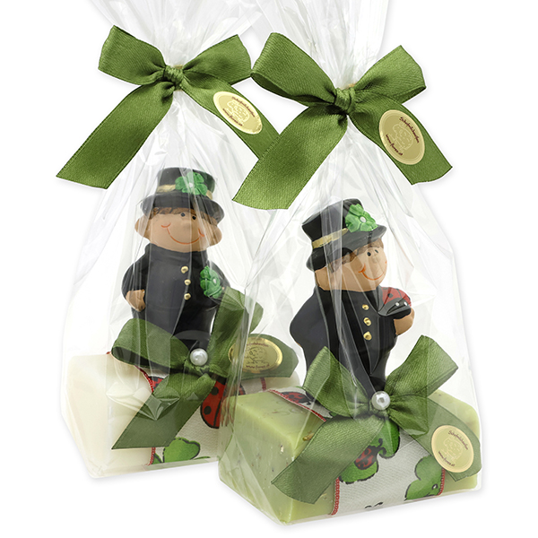 Schafmilchseife eckig 100g dekoriert mit Rauchfangkehrer in Cello, Classic/Eisenkraut 