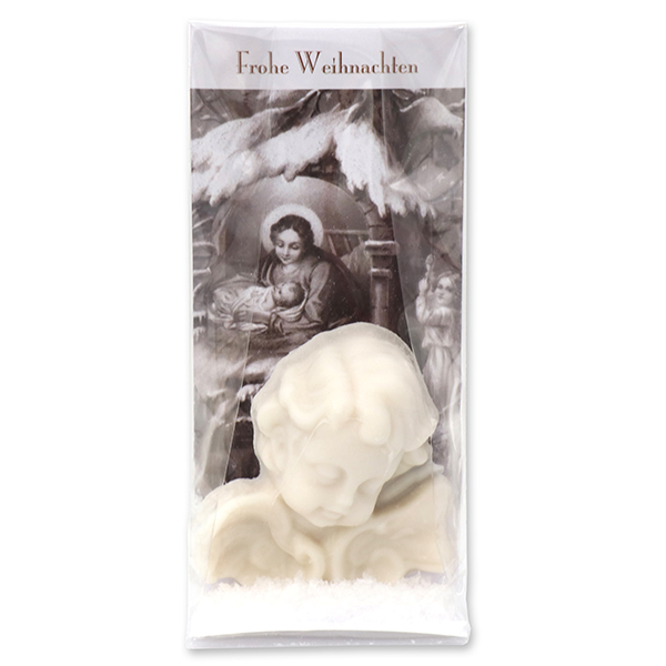 Sheep milk soap angel 30g "Frohe Weihnachten", in a cellophane bag, Christmas rose white 