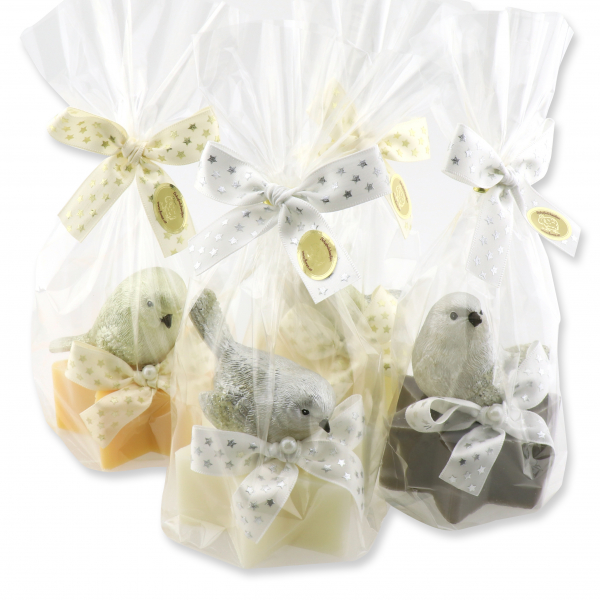 Sheep milk star 80g, decorated with a bird in cellophane, sorted 