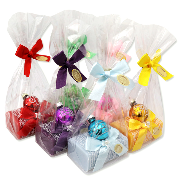 Schafmilchseife eckig 100g dekoriert mit Glasstern bunt in Cello, sortiert 