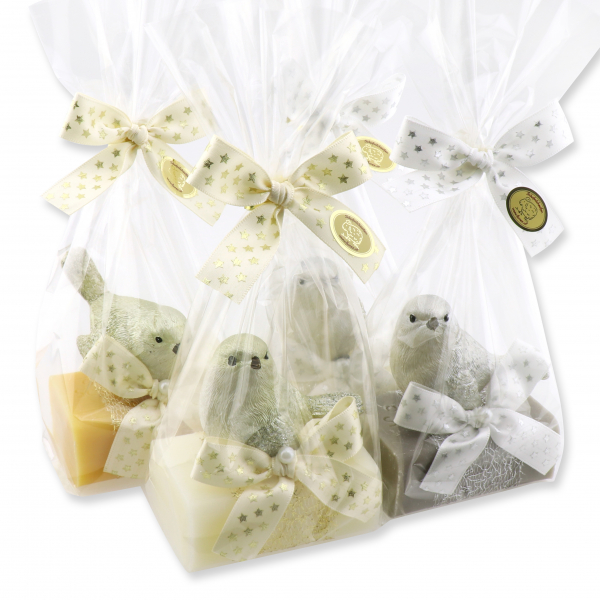 Sheep milk soap 100g, decorated with a bird in cellophane, sorted 