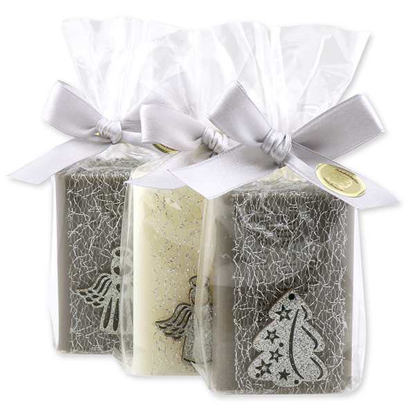 Sheep milk soap 100g, decorated with christmas motif in cello, Classic/christmas rose silver 