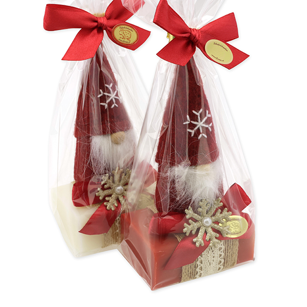 Schafmilchseife eckig 100g dekoriert mit Wichtel in Cello, Classic/Granatapfel 