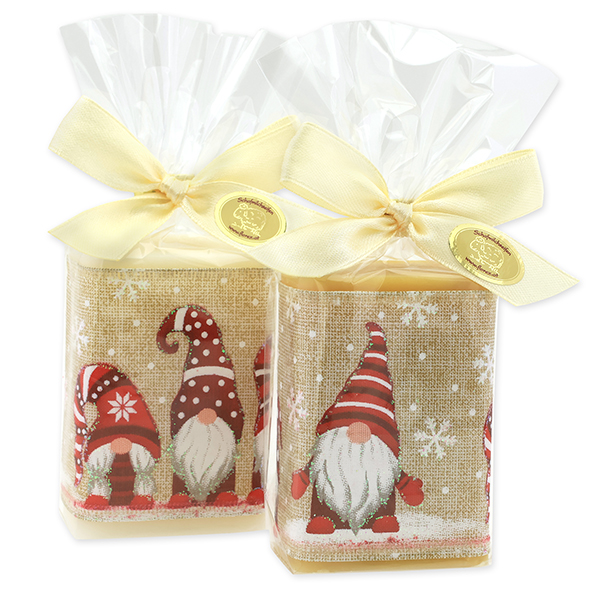 Schafmilchseife eckig 100g dekoriert mit Dekoband in Cello, Classic/Zirbe 