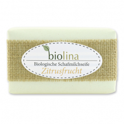 Biolina sheep milk 200g packed in a yellow paper with a ribbon, Citrus fruit 