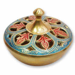 Incense vessel 10x7cm brass nickel plated, red/blue painted, for a charcoal 