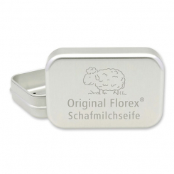 Seifendose aus Aluminium mit Abtropfschale und Lasergravur "Schafmilchseife" 