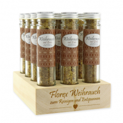 Zirbenholzaufsteller lasergraviert, befüllt mit 12 Stück Weihrauchmischung Zirbe im Glas hoch 35g 