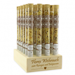 Zirbenholzaufsteller lasergraviert, befüllt mit 24 Stück Weihrauchmischung Zirbe in der Phiole 18g 