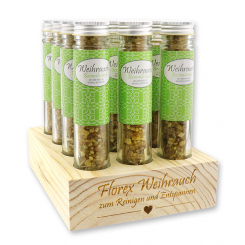 Wooden stand filled with Incense mix 30g in a high glass jar, "Besinnlichkeit" 