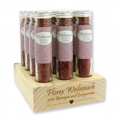Wooden stand filled with Incense mix 35g in a high glass jar, "Balthasar" 
