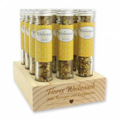 Wooden stand filled with Incense mix 35g in a high glass jar, "Melchior" 