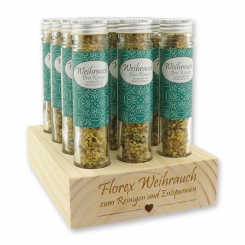 Wooden stand filled with Incense mix 35g in a high glass jar, "Drei Könige" 