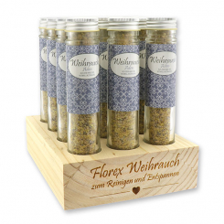 Wooden stand filled with Incense 35g in a high glass jar, "Aden" 