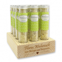 Wooden stand filled with Incense mix 35g in a high glass jar, "Cathedral" 