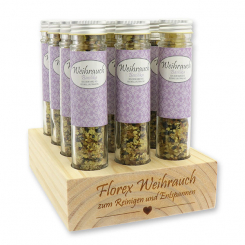 Wooden stand filled with Incense mix 35g in a high glass jar, "Basilika" 