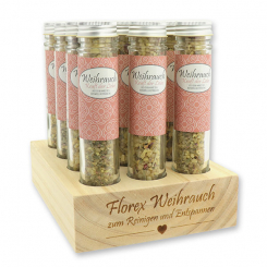 Wooden stand filled with Incense mix 35g in a high glass jar, "Kraft der Liebe" 
