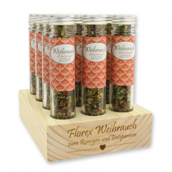 Wooden stand filled with Incense mix 35g in a high glass jar, "Schutzengel" 