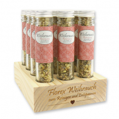 Wooden stand filled with Incense mix 35g in a high glass jar, "Reinigung" 