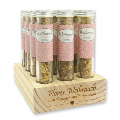 Wooden stand filled with Incense mix 35g in a high glass jar, Incense with myrrh 
