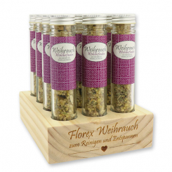 Wooden stand filled with Incense mix 30g in a high glass jar, "Wohlbefinden" 