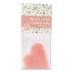Sheep milk soap heart 85g in a cellophane bag "Alles Liebe", Peony 