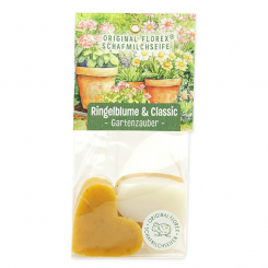 Sheep milk soap heart 4x23g in a cellophane "Charming Garden motif 5", Classic/Marigold 