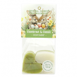 Schafmilchseife Herz mittel 4x23g in Cello "Osterzauber Motiv 3, Classic/Eisenkraut 