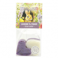 Schafmilchseife Herz mittel 4x23g in Cello "Osterzauber Motiv 6, Classic/Lavendel 