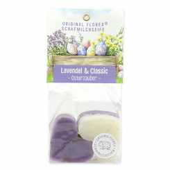 Schafmilchseife Herz mittel 4x23g in Cello "Osterzauber Motiv 7, Classic/Lavendel 