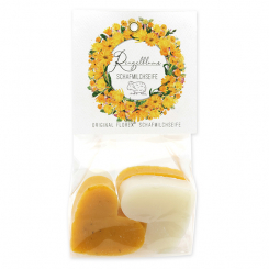 Sheep milk soap heart 4x23g in a cellophane 'Einzigartige Augenblicke', Classic/Marigold 