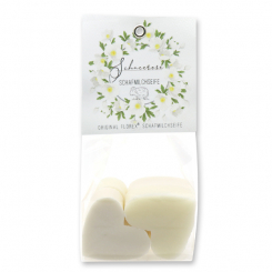 Sheep milk soap heart 4x23g in a cellophane 'Einzigartige Augenblicke', Classic/Christmas rose white 
