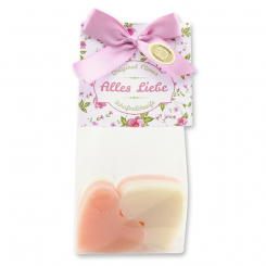 Sheep milk soap heart 4x23g in a cellophane "Blumiger Gruß", Classic/Peony 